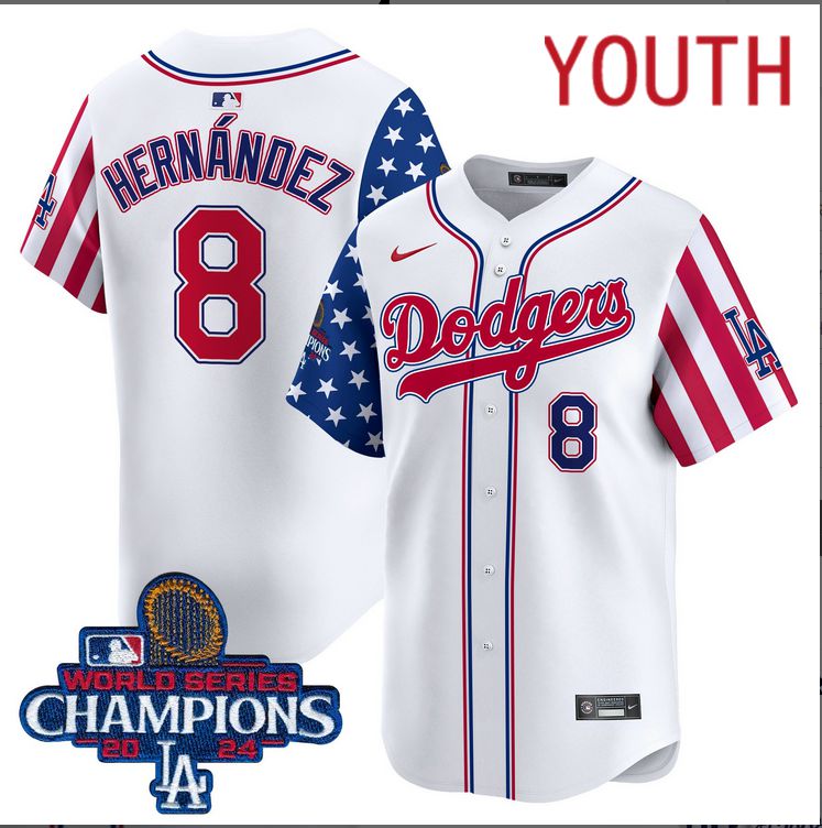 Youth  MLB Los Angeles Dodgers #8 Hernandez American Style white 2024 World Series Champions  Limited Jersey